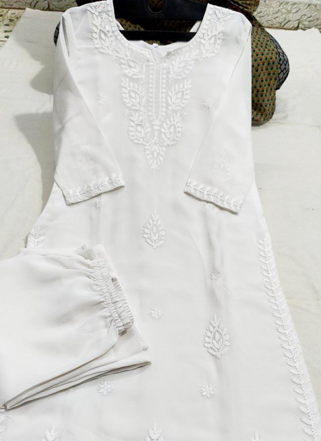 Georgette White Festival Wear Lucknowi Chikankari Work Readymade Kurti With Plazzo